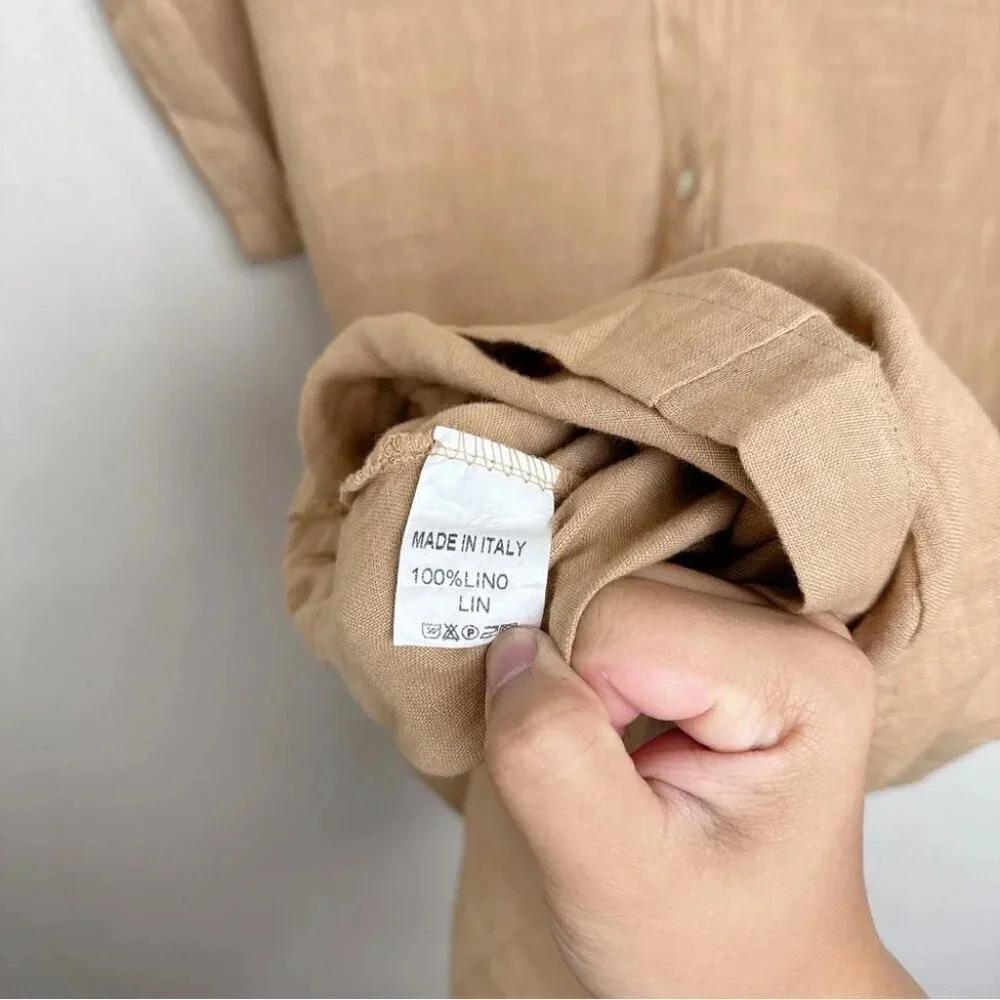 Made  In Italy Womens Medium Linen Vneck Button Tan Romper - Picture 10 of 13